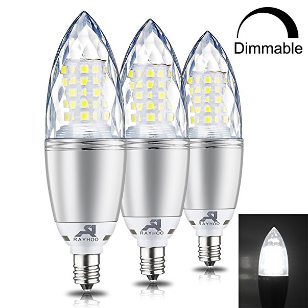 Rayhoo E12 Base LED Light Bulbs Dimmable, Candelabra LED Bulbs 10W, Incandescent 80-100W bulb Equivalent, White 6000K, 3 Pack (Extremely Bright)