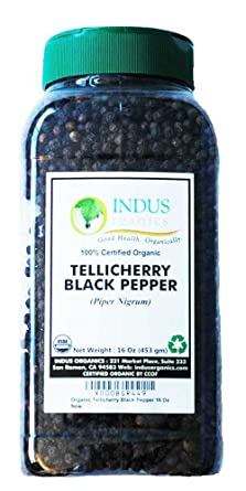 Indus Organics Tellicherry Black Peppercorns, 1 Lb Jar, Premium Grade, High Purity, Freshly Packed