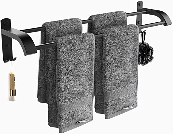 Towel Rack - Hand Towel Holder for Bathroom Wall - 24 Inch Bath Bar Black Matte - Attached with Practical Four Hooks - Genuine SUS304 Stainless Steel - Fits in Kitchen,Toilet - Contemporary Design