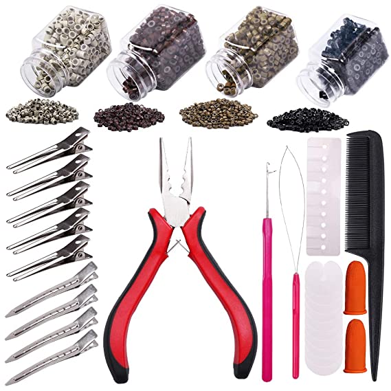 fani Hair Extension Tool Sets Total 1000pcs, 4 Color Micro Ring Beads 2 Hook Needle Pulling Loop and Pliers, Hairpins Comb and 1 Hair Helpful Card