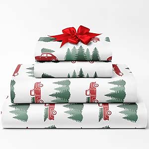 King Christmas Tree Sheet Set - Holiday Xmas Pattern Linen Set - Deep Pockets - Snug Fit - 4 Piece - Wrinkle Free - Comfy & Cooling Festive Winter Bedding - Easy To Care For - Kid Friendly