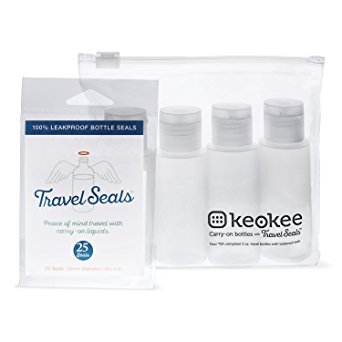 Keokee 2 Ounce Travel Bottles 4 Pack with 25 TravelSeals Leak Proof Seals