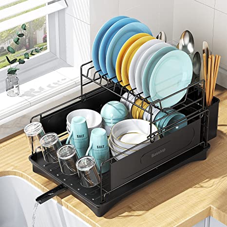 Dish Drying Rack, BASSTOP 2 Tiers Dish Rack Drainboard Set, 16” x 12.4” x 11” Compact Dish Drainer with Adjustable Swivel Spout, Removable Cutlery and Anti-Slip Silicone Cup Holder