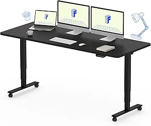 FLEXISPOT E6 Dual Motor 3 Stages Standing Desk 60x24 Inch Whole-Piece Board Electric Height Adjustable Desk Stand Up Desk Large Load Capacity(Black Frame   Black Desktop)