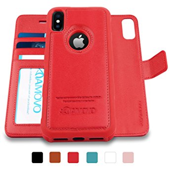 AMOVO iPhone X Case [2 in 1], iPhone X Wallet Case [Detachable Folio] iPhone X Leather Case [Premium Vegan Leather] Flip Case Cover for iPhone X with Gift Box Package (Red)