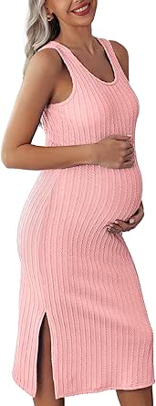 Ekouaer Women's Maternity Dress Rib Knit Sleeveless Tank Side Slit Bodycon Dresses Pregnancy Clothes S-XXL