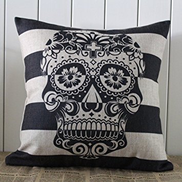 LINKWELL 45x45cm Skull Stripe Halloween All Hallows' Eve Gift Present Linen Cushion Covers Pillow Cases Trick-or-treating