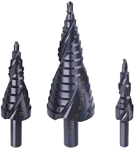 Hymnorq Step Drill Bit Set of 3pcs, 4 to 12mm / 20mm / 32mm, HSS with Black Nitride Coated, Self-Centering Split Point, Anti-Skid 3-Flat Shank, Double Spiral Flutes, for Sheet Iron Aluminum PVC Wood