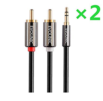 (2PCS) 3.5mm Aux to 2RCA Y Splitter Stereo Audio Cable Male Type OFC Conductor High Flexible PVC Jacket Dual Shielding Gold Plated High End Metal Shell-Black 9Feet/3m (2PCS 3FT)