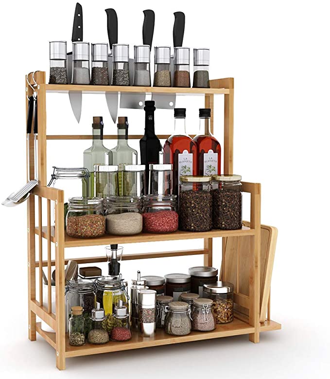 Tribesigns 3-Tier Standing Spice Rack Kitchen Bathroom Countertop Storage Organizer with Knife Holder & Chopping Board Rack, Bamboo Spice Bottle Jars Rack Holder with Adjustable Shelf