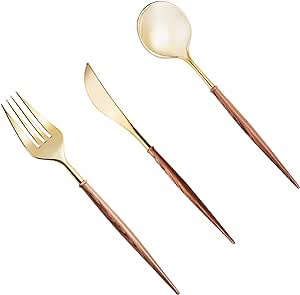 Lullaby 60pcs Gold Plastic Silverware, Gold Disposable Cutlery with Wood Grain Handle Include 20 Forks, 20 Spoons, 20 Knives, Elegant Disposable Silverware for Wedding, Party, Gathering, Daily Use