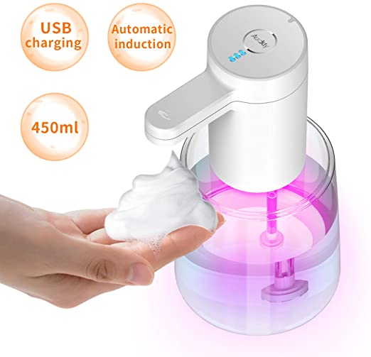 Auckly Automatic Touchless Foam Soap Dispenser with Infrared Motion Sensor,USB Charging,3 Level Dispensing Volume, 450ml,IP7 Waterproof 7-color Night Light Foam Soap Dispenser for Bathroom, Kitchen