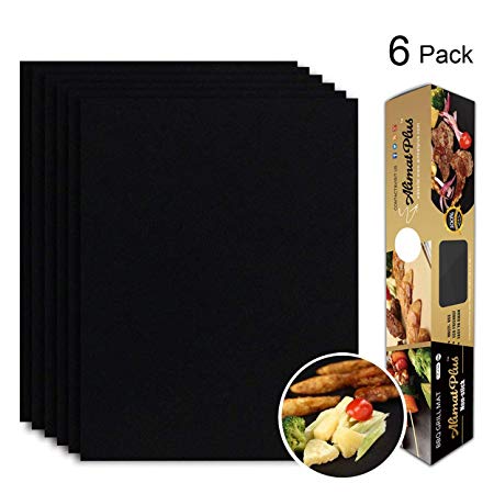 Alimat PluS Grill Mat Set of 6 - BBQ Grill Mats Nonstick Reusable - Heavy Duty 1.5 oz/Sheet, Easy-Clean, Works on Electric Grill, Gas, Charcoal, Oven - 15.75 x 13 Inch, Black