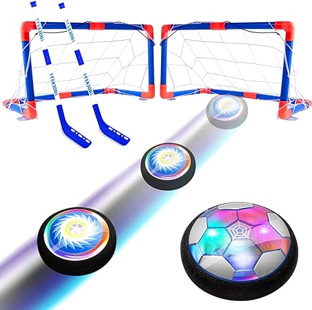 Hover Hockey Soccer Ball Kids Toys Set, 3-in-1 USB Rechargeable and Battery Hockey Floating Air Soccer with Led Light/Foam Bumper, 2 Goals for 3 4 5 6 7 8-12 Years Old Boy Girl Indoor/Outdoor Games