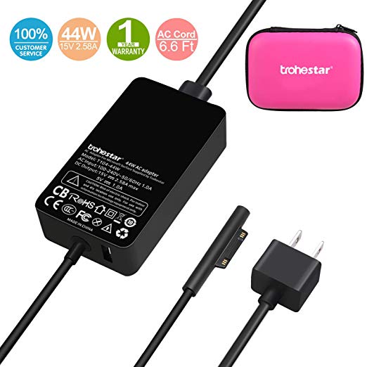 Trohestar Surface Pro 4 Charger 44W 15V 2.58A Power Adapter Laptop Charger Compatible with Microsoft Surface Pro 3 Pro 4 Pro 5 Pro 2017 Pro 6 Surface Laptop Surface Book Include Travel Case (Pink)