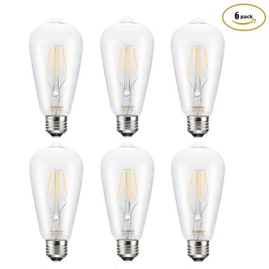 Arvidsson LED Vintage Edison [Sapphire] Filaments Bulb 4W 400Lumens [CRI90 ] Dimmable [1800K Romantic Warm Glow] ST64/ST21 [Anti-Glare Clear Glass] UL Listed for Antique Lighting Fixtures - Pack of 6