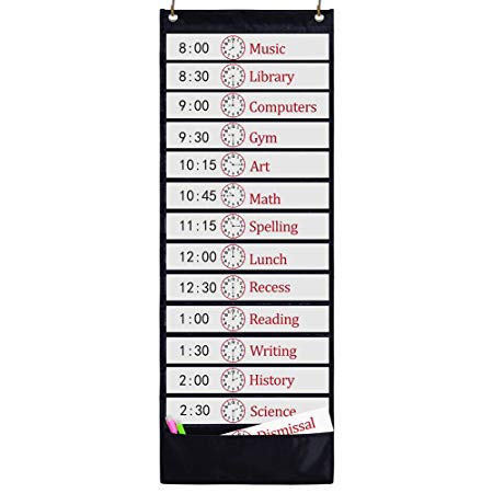 Godery Daily Schedule Pocket Chart, 13 1 Pocket, Scheduling Pocket Chart, 18 Dry-Eraser Cards, Educational Charts for Classroom Office Home Preschool Activity (Black)