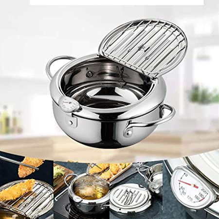Deep Frying Pan,Tempura Deep Fryer with A Thermometer, Japanese-style Tempura Fryer Pot, Lid And Oil Drip Drainer Rack,Household Nonstick Stainless Steel Fryer Pot for Kitchen Cooking