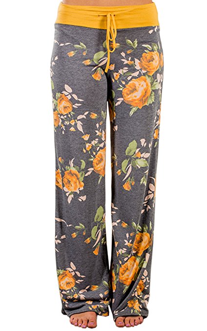 Angashion Women's High Waist Casual Floral Print Drawstring Wide Leg Pants