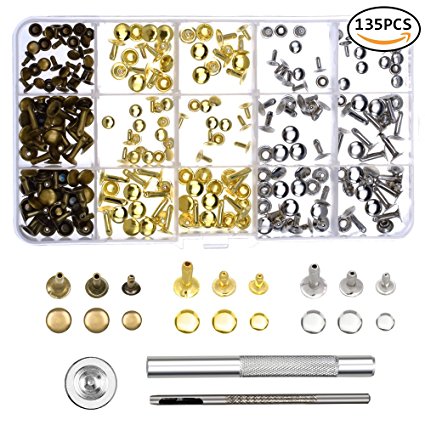 WXJ13 135 Sets 3 Sizes Single Cap Rivets Metal Leather Rivets with 3 Pieces Tool kits for Rivets Replacement, Leather Decoration