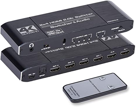 Anber-Tech 4K HDMI Splitter 2x4, HDMI Switch 2 in 4 Out Switcher Box with Audio Extractor and IR Remote Control, Support Ultra 4K HDR,4Kx2K@60Hz, 3D, 1080P，HDMI 2.0b, HDCP 2.2