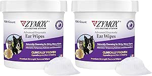 Zymox Advanced Enzymatic Ear Wipes for Dogs and Cats - for Dirty, Waxy, Smelly Ears - Premium Strength Ear Cleaner Wipes - Non-Irritating - Hypoallergenic (100 Count (Pack of 2))