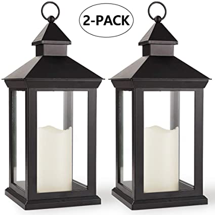 Bright Zeal 14 Inch IP44 Waterproof Outdoor Lanterns with Timer Candles Black 2 Pack - Vintage Lanterns Battery Powered LED Hanging Decorative Lanterns for Weddings - Indoor Lanterns Decorative