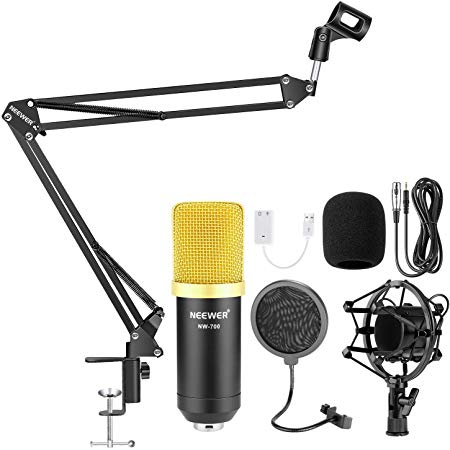 Neewer Condenser Microphone Bundle, Upgraded NW-700 Professional Cardioid Studio Mic/Adjustable Suspension Scissor Arm Stand/Shock Mount/Pop Filter/USB Sound Card for Studio Recording Broadcasting