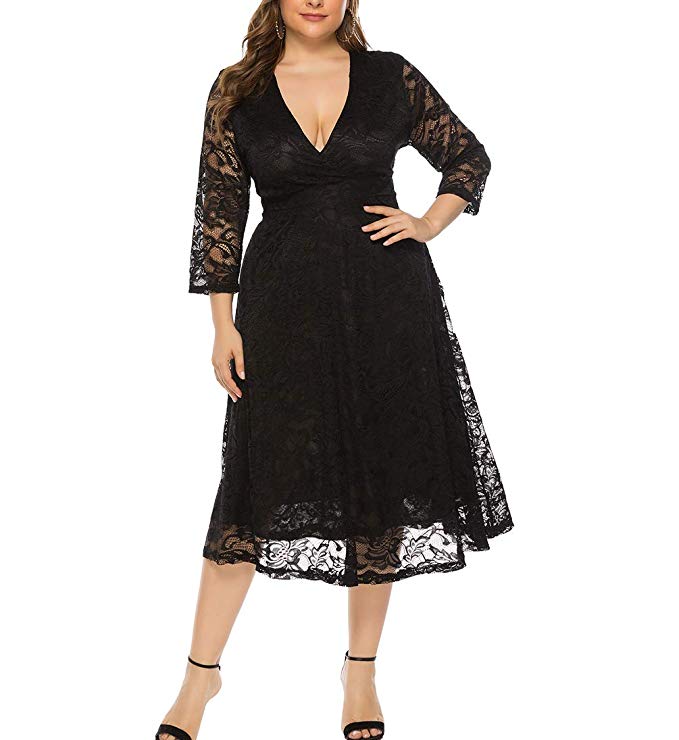 Eternatastic Womens Floral lace Plus Size Midi Dress Scooped Neckline Cocktail Party Dress