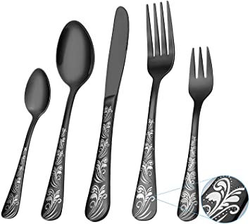 Black Silverware Set, Elegant Life 30-Piece Stainless Steel Flatware Cutlery Set, Knife Fork Spoon Flatware, Mirror Finish, Smooth Edge, Service for 6 (Black)