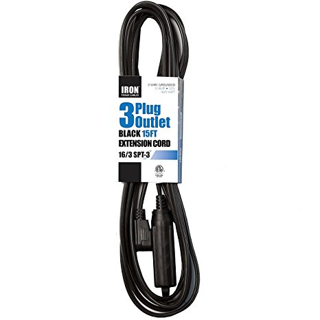 15 Ft Extension Cord with 3 Electrical Power Outlet - 16/3 Heavy Duty Black Cable
