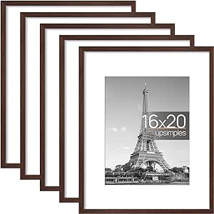 upsimples 16x20 Picture Frame Set of 5, Display Pictures 11x14 with Mat or 16x20 without Mat, Wall Gallery Poster Frames, Brown