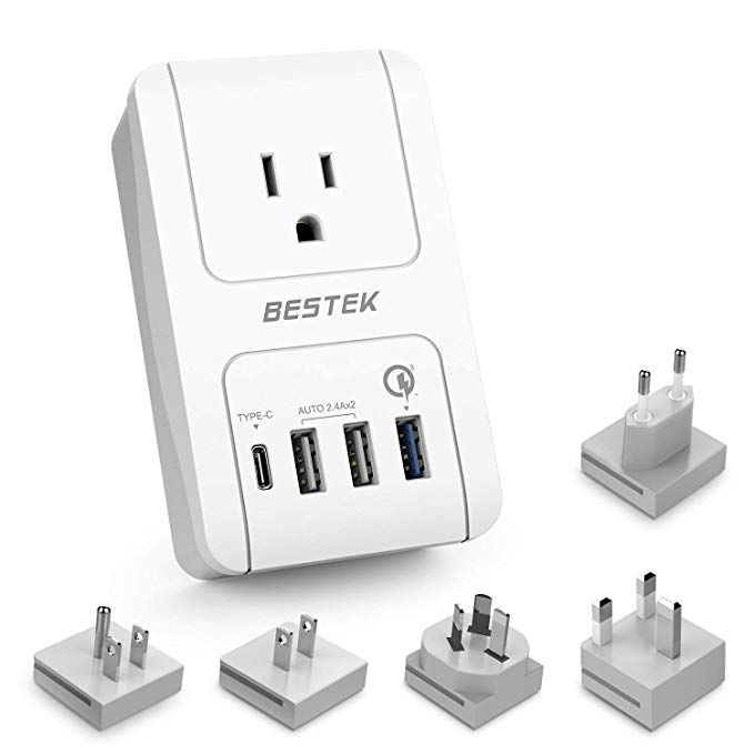 Travel Adapter Kits by BESTEK - Dual 2.4A Smart Identify USB Ports   1 Qick Charge 3.0 USB Port   1 USB C Port   1 AC Outlet Wall Charger with Worldwide Wall Plugs for UK, US, AU, Europe & Asia 【Note: Can not convert voltage】