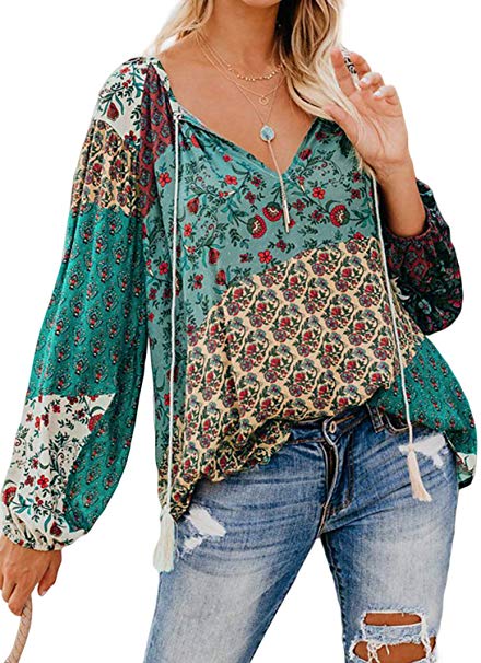 FARYSAYS Women's Casual Boho Floral Print V Neck Long Sleeve Shirts Tops Loose Blouses