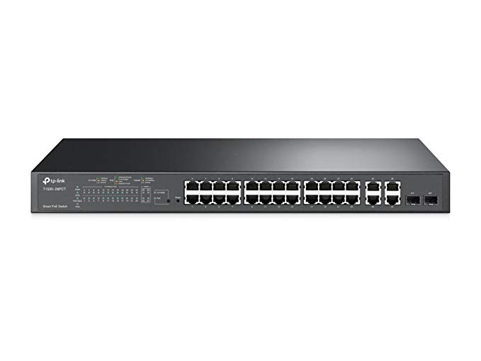 TP-Link T1500-28PCT (TL-SL2428P)  24 Port PoE (180W) 10/100Mbps   4 Port Gigabit Smart Managed Switch, L2 Features, L2/L3/L4 QoS, IGMP Snooping V1/V2/V3, VLAN, Link Aggregation, 802.3af/at,  30W per port, Designed for IP Cameras