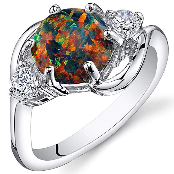 Peora Created Black Opal Ring Sterling Silver 3 Stone 1.75 Carats Sizes 5 to 9