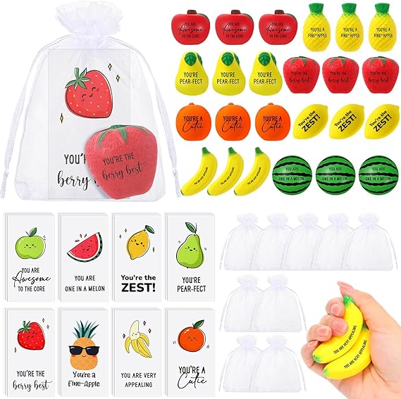 24 Sets Fruit Stress Balls with Motivational Quotes Cards Fruit Stress Balls Toys with Inspirational Fruits Cards, Stress Anxiety Relief Toy Organza Bags for Employee Teacher Gifts