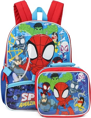 Marvel 16'' Full Size Spidey and His Amazing Friends Backpack Lunchbox Set Bookbag School Set, Blue/Red