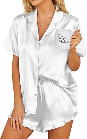 Ekouaer Womens Satin Pajamas Set Button Down 2 Piece Silk Pjs Shorts Set Ruffle Lingerie Notch Collar Sleepwear