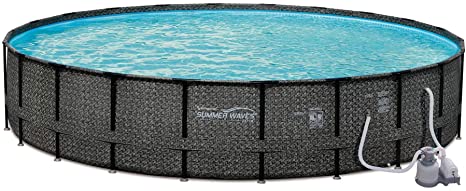 Summer Waves 24ft x 52in Elite Wicker Round Above Ground Frame Outdoor Swimming Pool Set with Sand Filter Pump, Pool Cover, Ladder, Ground Cloth, and Deluxe Maintenance Kit