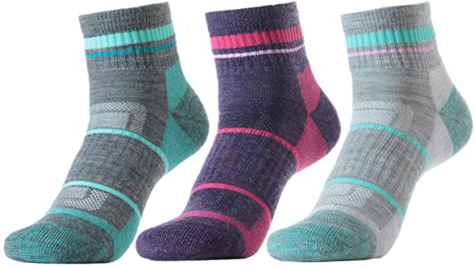 SOLAX Merino Wool Hiking & Walking Socks for Women Crew Quarter Low cut, Trekking, Outdoor, Cushioned, Breathable 3 Pack