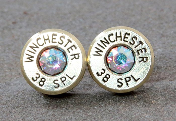 38 Special Bullet Jewelry Stud Earrings Steel Posts and Swarovski Aurora Borealis Diamond Crystal