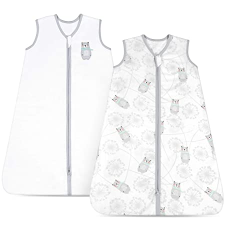 TILLYOU Small S Breathable Cotton Baby Wearable Blanket with 2-Way Zipper, Super Soft Lightweight 2-Pack Sleeveless Sleep Bag Sack Unisex, Fits Infants Newborns Age 0-6 Months, Gray Bear & White