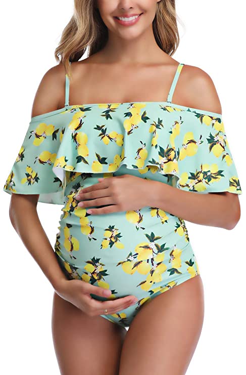 Women Off-Shoulder Maternity Swimsuits Flounce Floral One Piece Bathing Suits