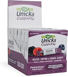 Nature's Way Umcka FastActives Cold Flu Powder Packets, Fever††, Sore Throat, Cough, and Congestion Relief, Berry Flavored, 60 Packets