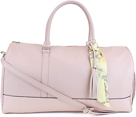 Women's Large PU Leather Weekender Duffel Bag with Satin Interior - Big 22" Carry-On Size - Pink