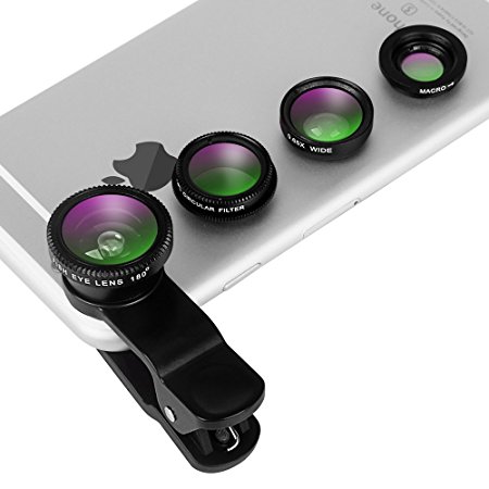 Evershop® Universal 4 in 1 iPhone Camera Lens Kits with Fish Eye Lens   10X Macro Lens   0.65X Wide Angle Lens   CPL Lens Suit for Samsung Galaxy, iPhone, Huawei, HTC, LG and All Models (Black)