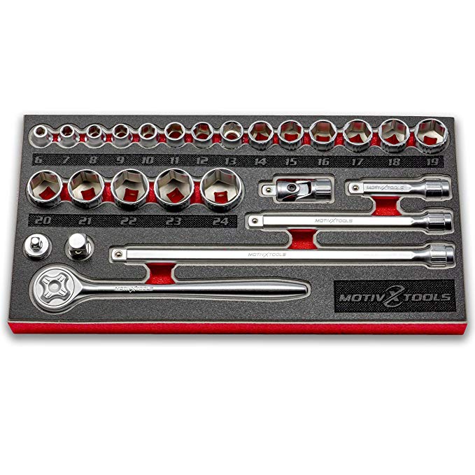 Motivx Tools 3/8" Drive 6mm - 24mm Metric Shallow 26 Piece Socket, Ratchet, Extension, and Accessory Set