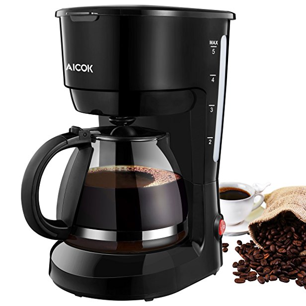 Aicok 5-Cup Coffeemaker, Drip Coffee Make with Glass Carafe, Small Coffee Machine, Anti-Drip System, Quick Brew Technology, One Touch Button, 600W, Black