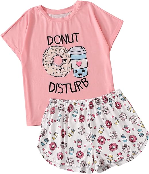 DIDK Women's Cartoon Print Tee and Curved Hem Shorts Pajama Set